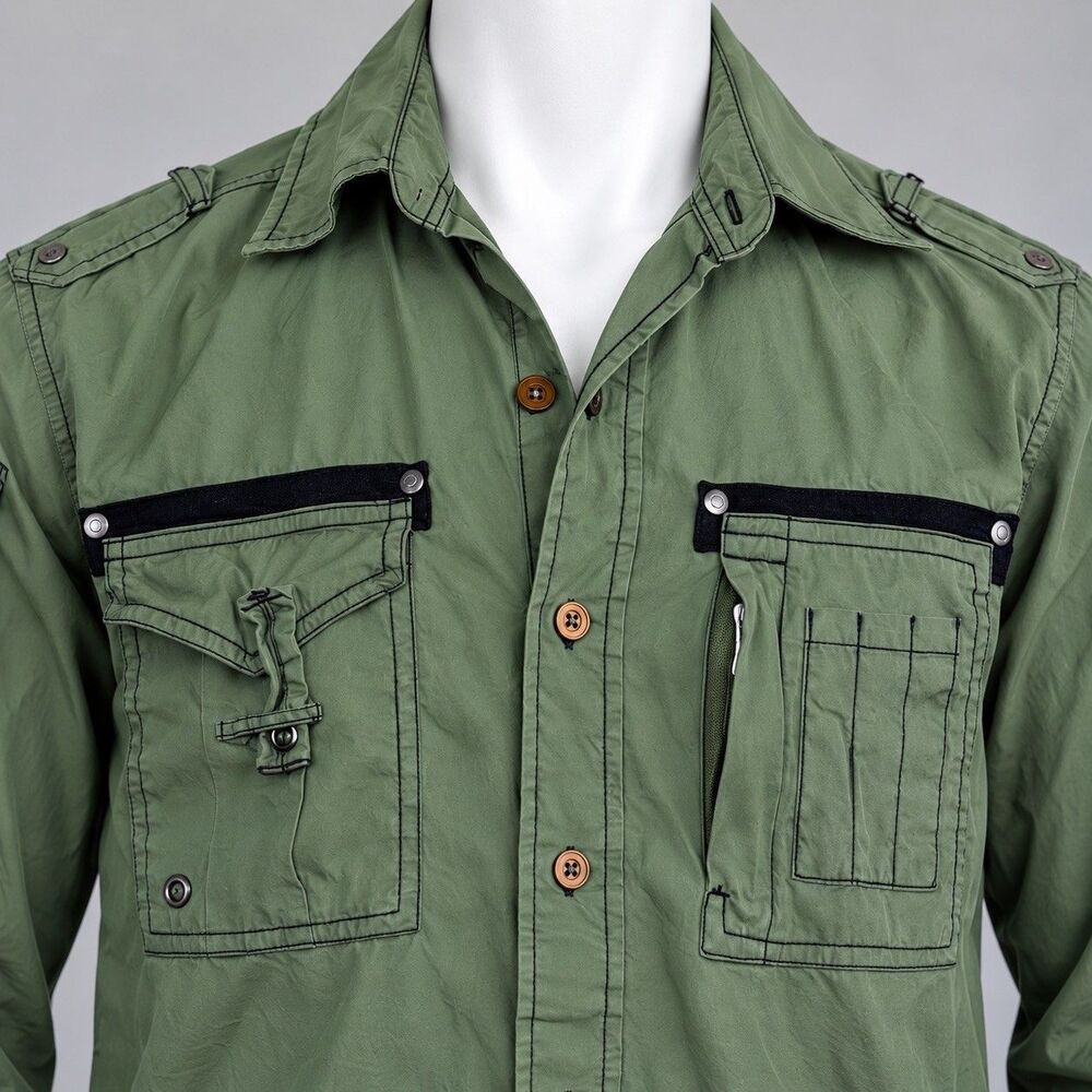 Modern Culture Women’s Military Utility Shirt Olive Green Cargo Button Up L